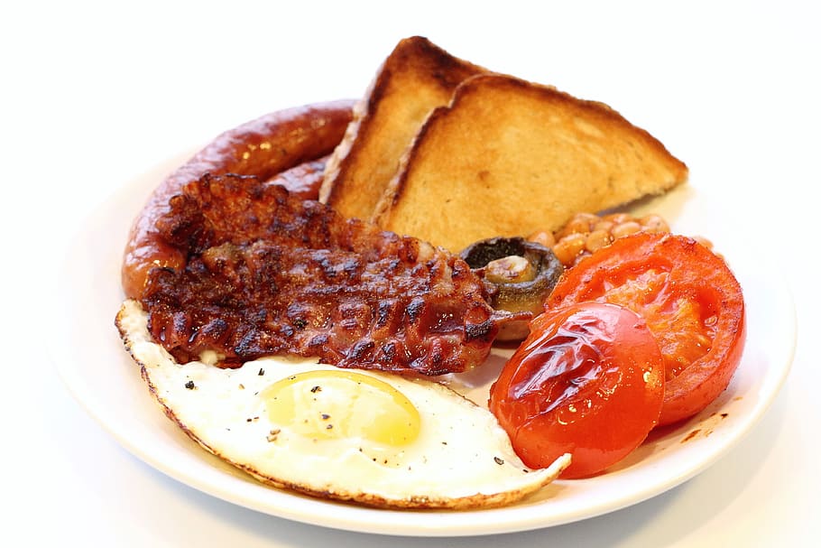 ensolarado, ovo lateral, prato de tomate, Comendo, Café da manhã, Bacon, café da manhã inglês, cozinhar, frito, comida