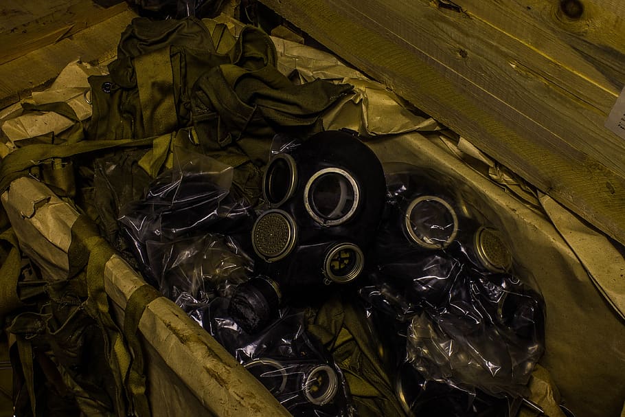 gas mask, gp-7, digging, box, bunker, the abandoned, garbage, high angle view, large group of objects, indoors