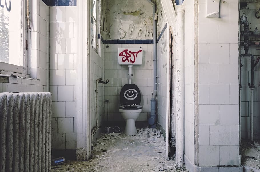 white, black, toilet bowl, bathroom, dilapidated, disrepair, renovation, decayed, deteriorated, neglected
