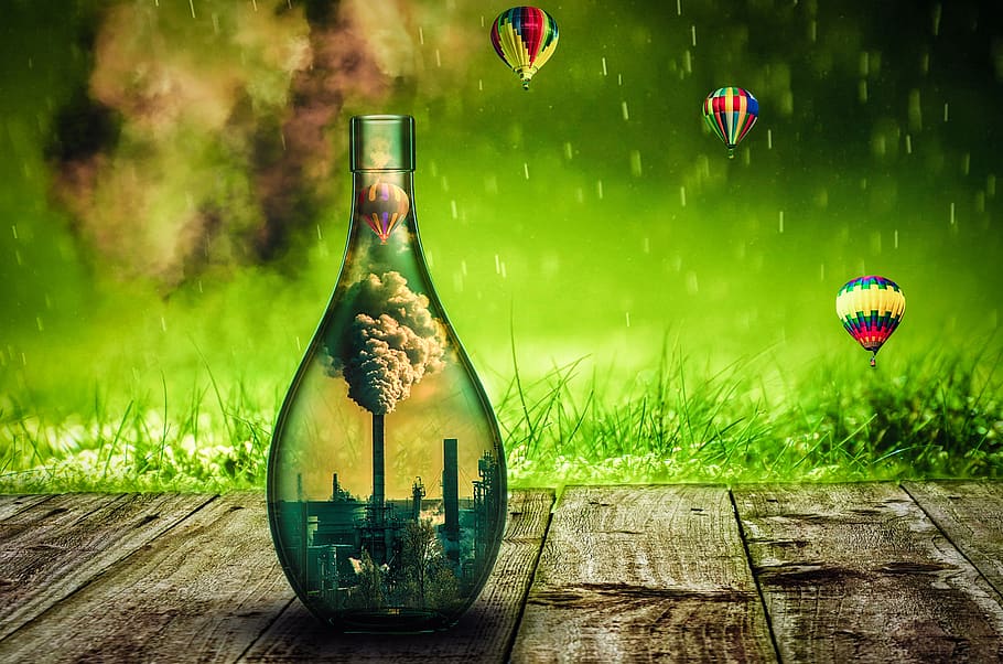ecologia, terra, verde, mundo, responsabilidade, balões, garrafa, poluição, fumaça, natureza