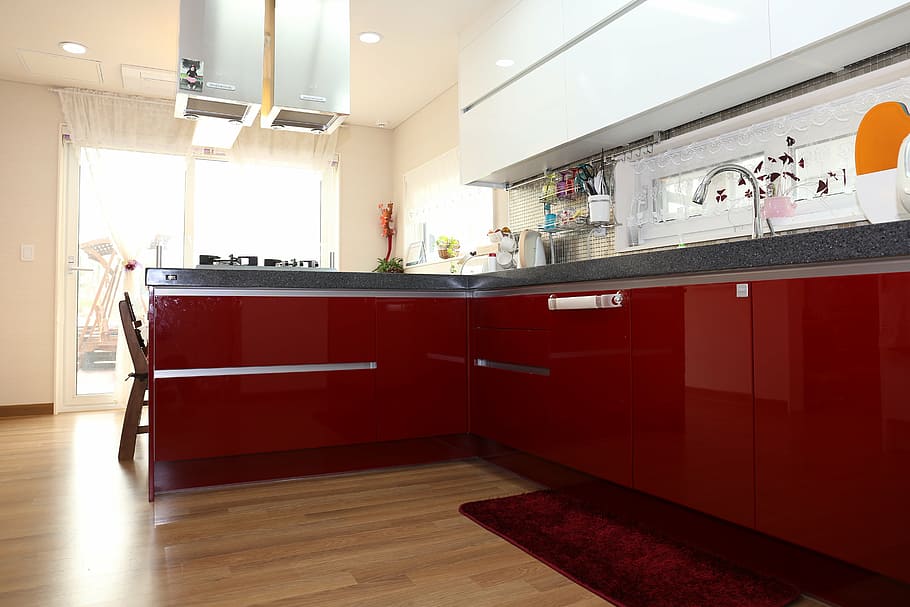 red, kitchen cabinet, homes for sale, kitchen, interior, flooring, indoors, hardwood floor, furniture, modern