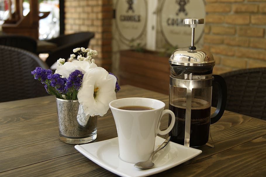 coffee, filter coffee, cafe, drink, cup, flowers, hot, food and drink, table, flower