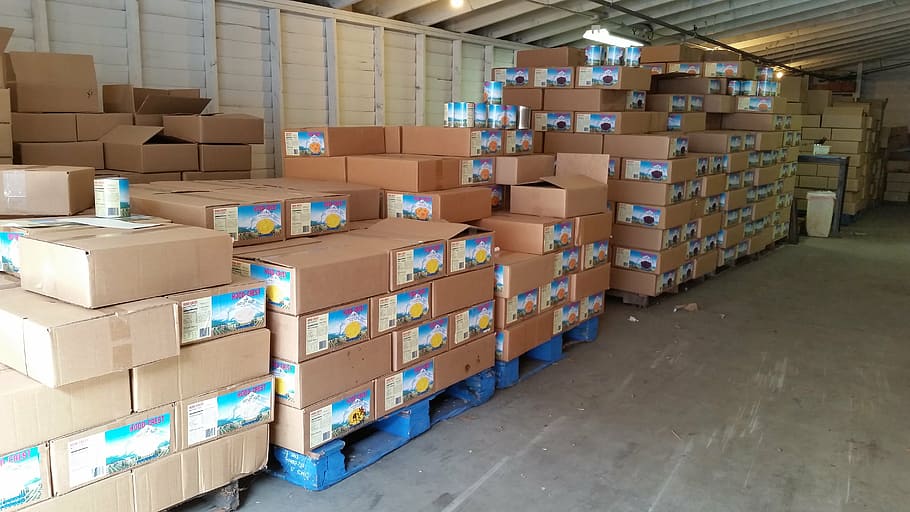 brown, cardboard box lot, warehouse, pallet, food, product, box, storage, produce, buyer