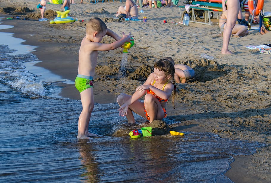 kids, beach, sandy beach, game, childhood, friends, wave, boy and girl, river, child