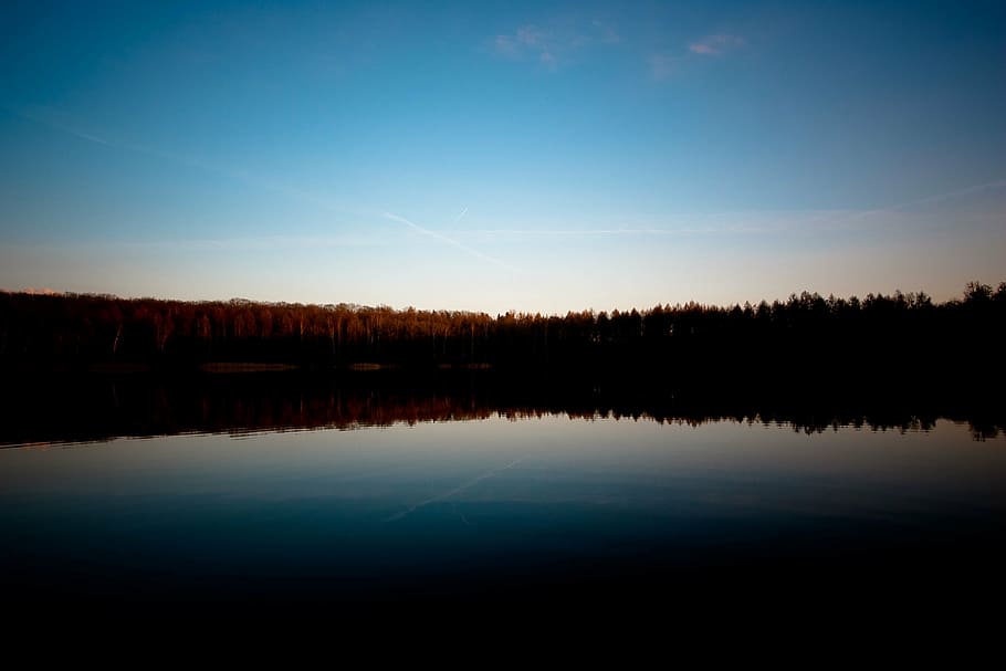 body, water, surrounded, trees, lake, sunrise, reflection, nature, sunset, dusk