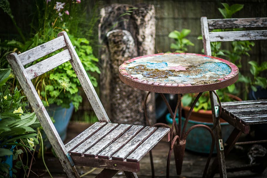 white, wooden, chair, standing, table, garden, weathered, wood, terrace, old wood
