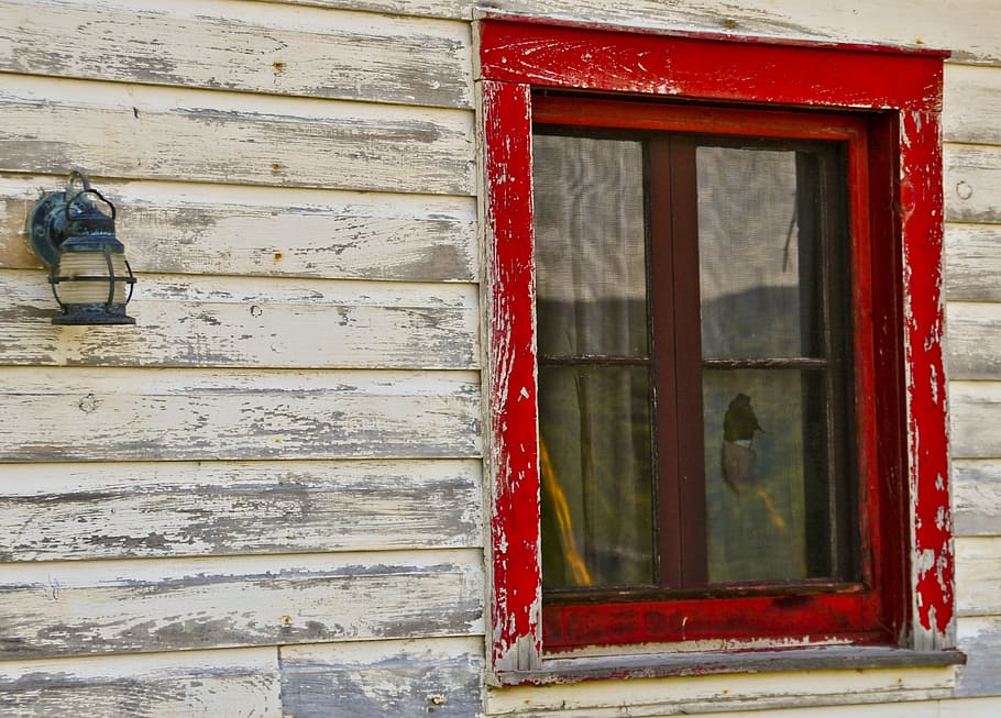 window, detail, cabin, abandoned, rustic, adirondack, red, paint, building exterior, built structure