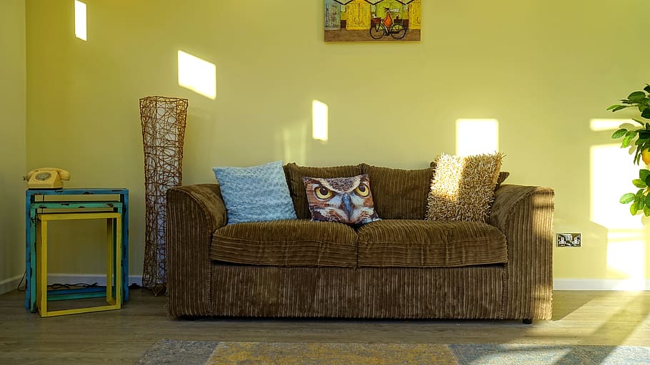 brown, fabric 2- seat sofa, 2-seat, wicker decor, home, interior, room, house, furniture, design