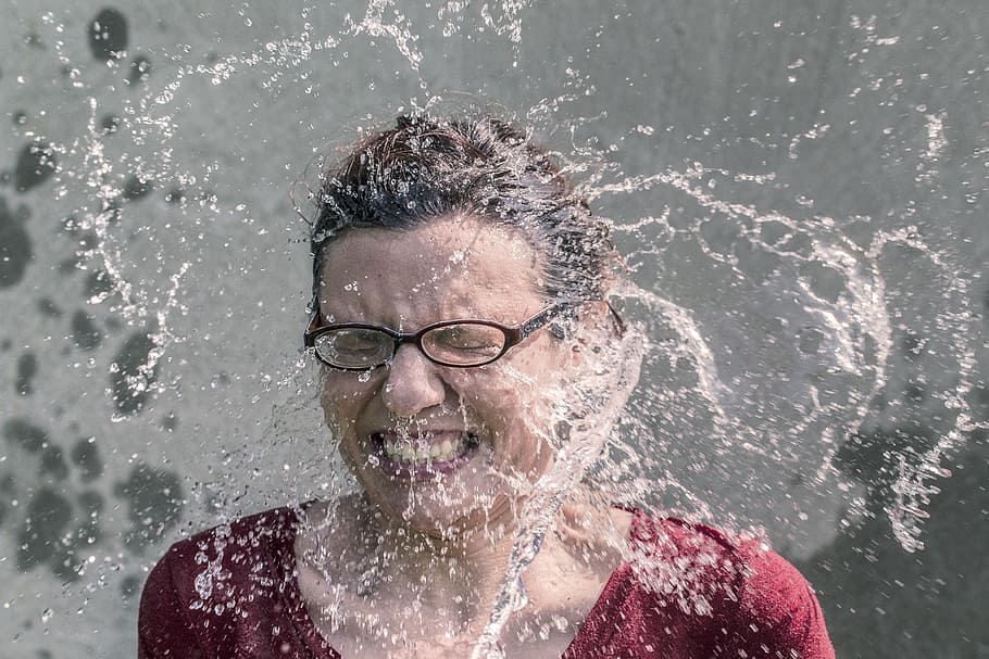 woman, splashed, water, refreshment, splash, spectacles, glasses, grimace, expression, funny