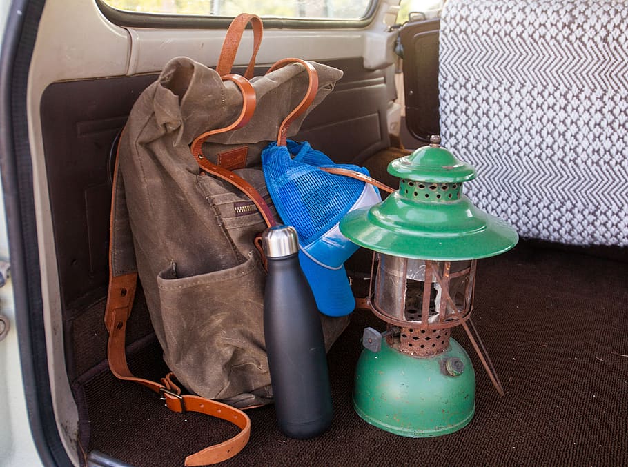 backpacking, hiking, gear, camping, equipment, backpack, hat, lantern, luggage, bag