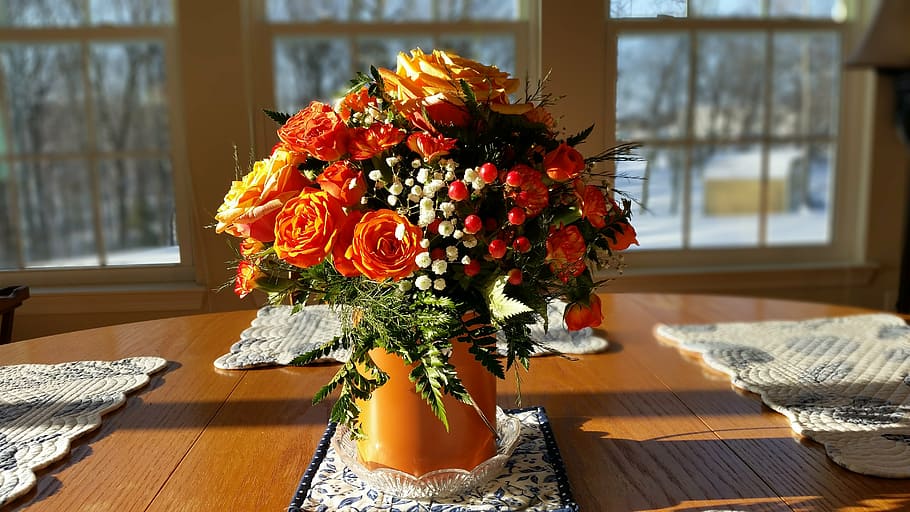 orange, petaled flowers, vase arrangement, roses, flowers, centerpiece, bouquet, pink, romantic, gift