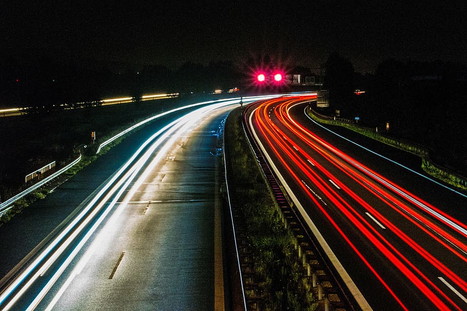 time-lapse photography, road light, highway, night, traffic, spotlight, lights, movement, taillights, road