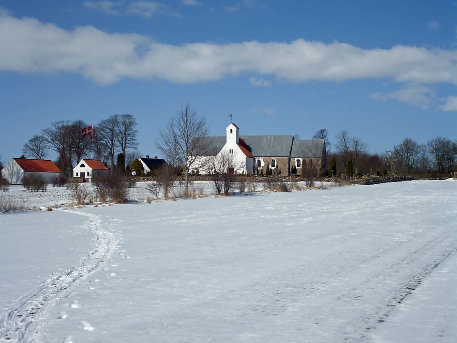 todbjerg, denmark, landscape, snow, winter, church, house, architecture, nature, outside