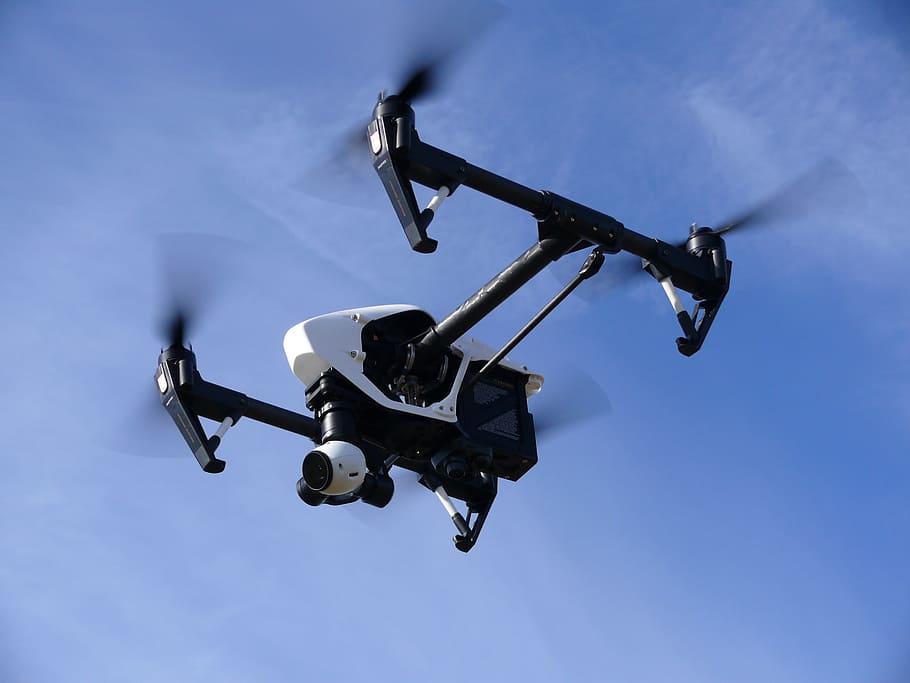 negro, blanco, drone quadcopter, nublado, azul, cielo, drone, multicopter, dji, inspirar