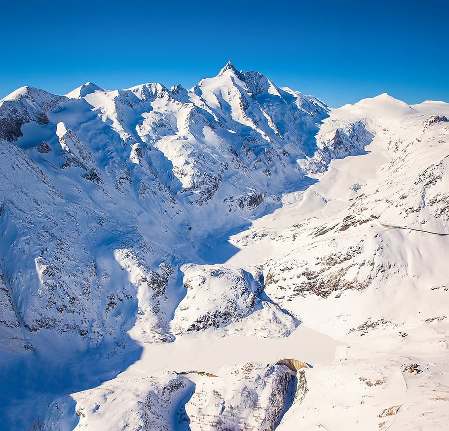 snow, capped, mountain, blue, sky, grossglockner, austria, austrian, alpine, high tauern