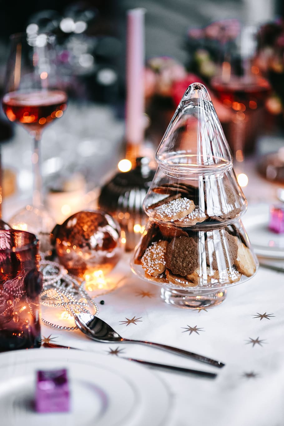 mesa, decorações, jogo de mesa, rosa, feriado, glamour, Natal, comida e bebida, comida, vidro