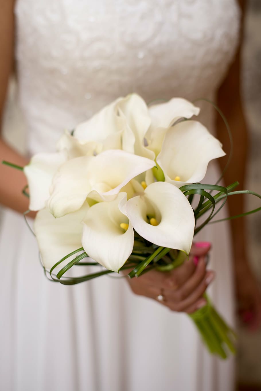 woman, wearing, gown, holding, lily bouquet, bouquet, wedding, flowers, decoration, white