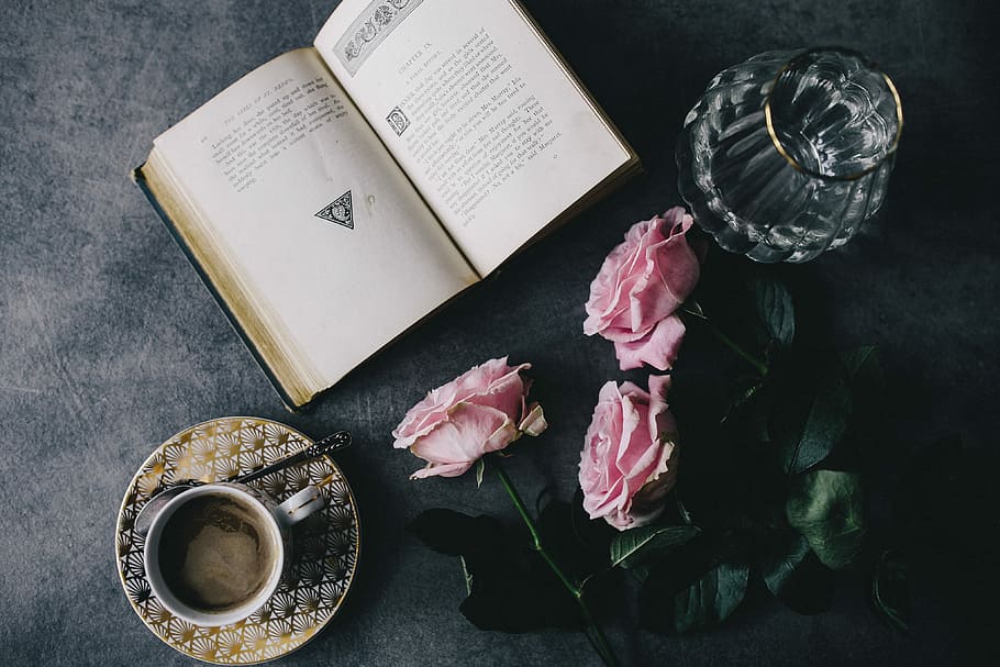 indah, mawar, buku, kopi, interior, istirahat, bersantai, penting, membaca, waktu