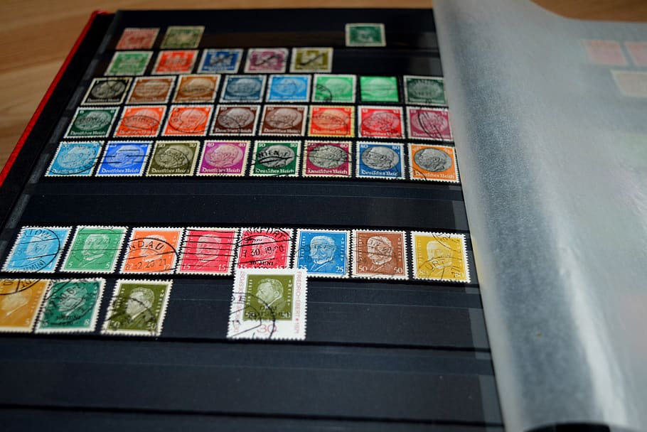stamp album, postage stamps, philately, collection, album, hobby, old stamps, germany, porto, multi colored