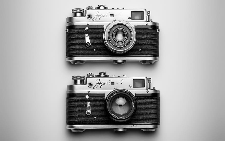 dos, gris, cámaras milc, lente, obsoleto, obturador, clásico, retro, vintage, antiguo