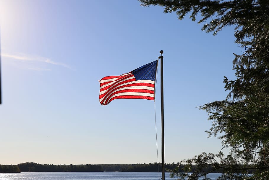 american flag, lake, flag, american, usa, patriotism, sky, plant, nature, tree