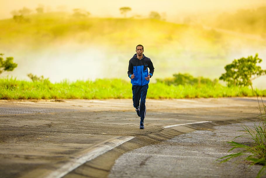 man, wearing, blue, black, jacket, pants, running, road, jogging, running man