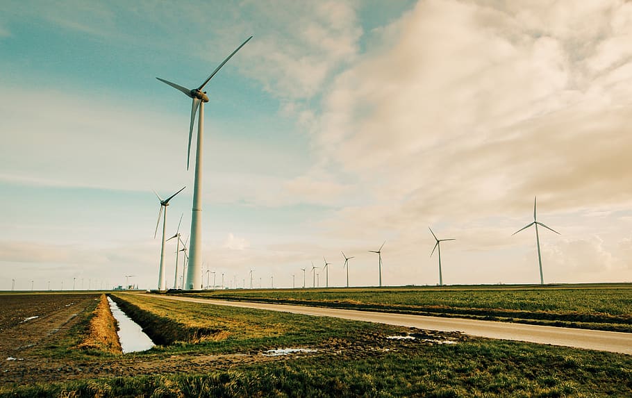 wind, turbine, eco, energy, green, farm, field, grass, blue sky, road