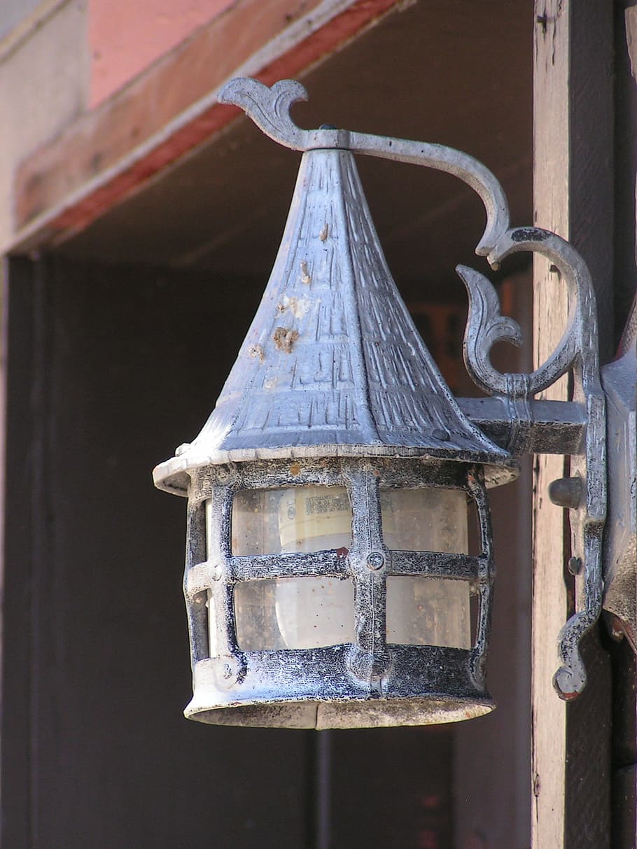 scotty's castle, lamp, death valley, architecture, wood - material, metal, built structure, day, close-up, focus on foreground