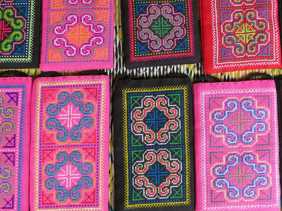 laos, embroidery, silk industry, market, colors, pink, green, gifts, decoration, indigenous Culture