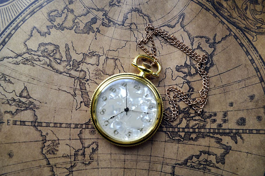 round gold-colored, framed, analog pocket, watch, brown, map, clock, pocket, pocket Watch, antique