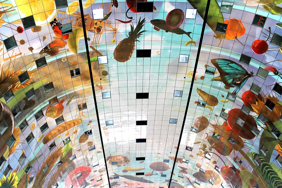 Shopping Center, Ceiling, the shopping center, the ceiling, the art of, multi colored, indoors, fish-eye lens, day, architecture