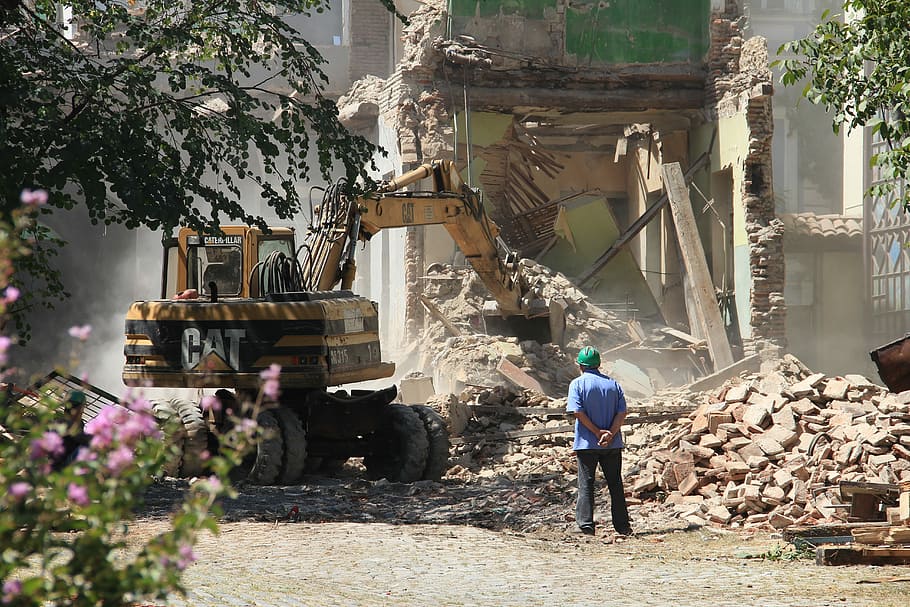 bulldozer, demolition, Bulldozer, Demolition, the destruction of, construction, building, raze, new house, development, housing