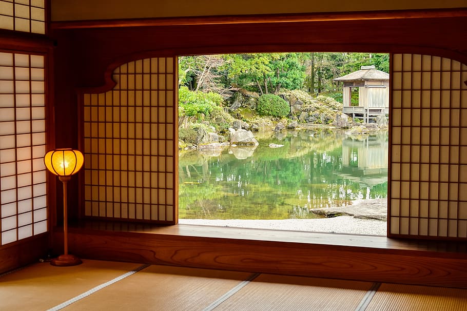 marrom, luminária de chão, corpo, agua, paisagem, japão, casa do japão, jardim do japão, lagoa, verde