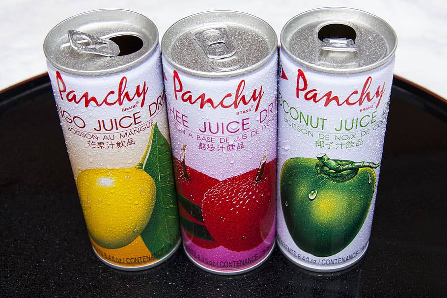 three, panchy juice cans, beverage cans, asia, commercial packaging, drinks drinking, sparkling, soft drinks, juice, drink