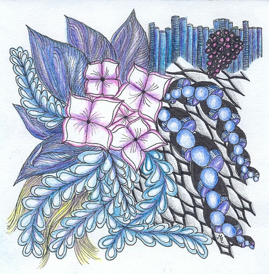 zentangle, tangle, drawing, pattern, draw meditative, paint, blue, large group of objects, indoors, purple