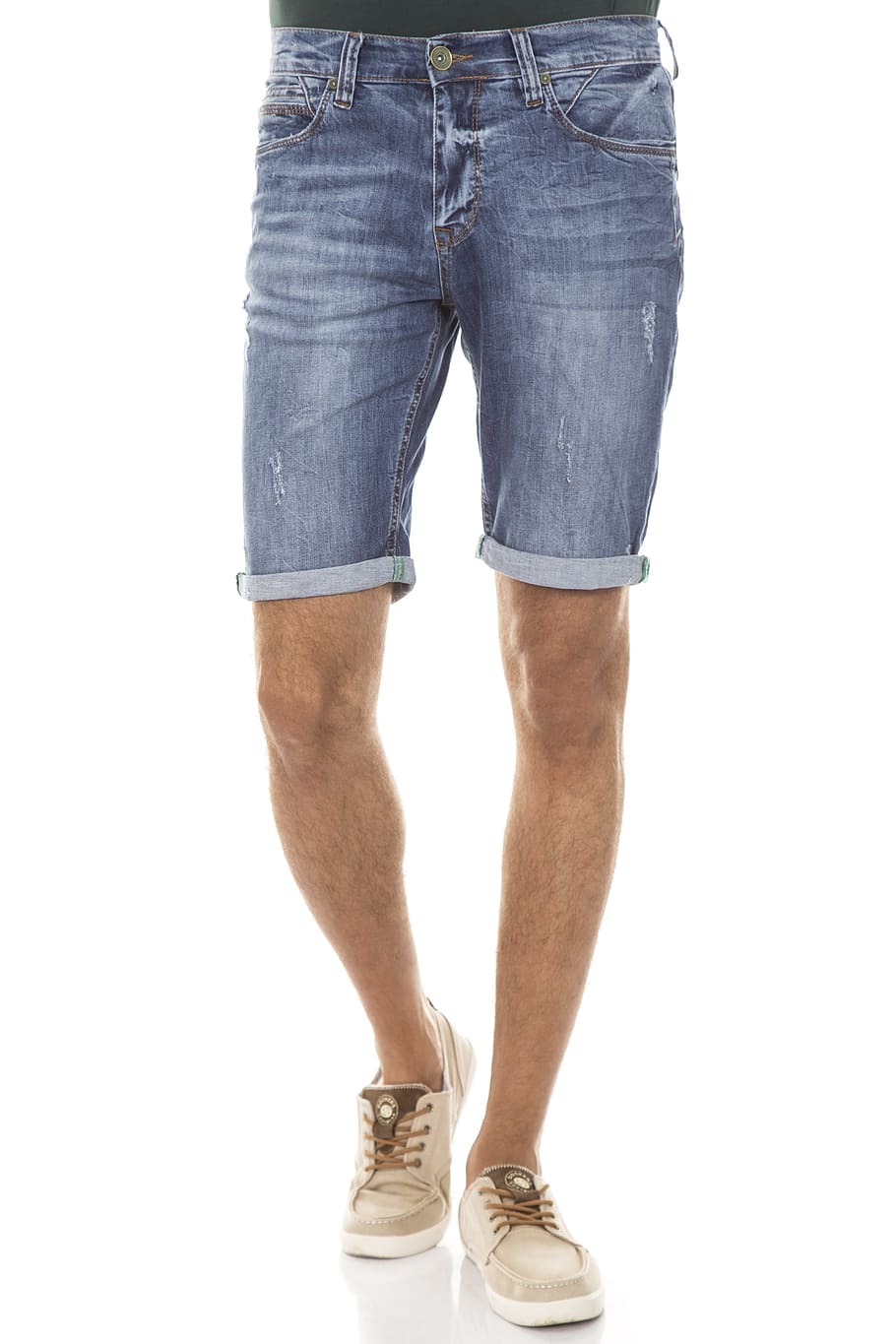 person, wearing, blue, denim shorts, shorts, male, white fund, studio, jeans, short