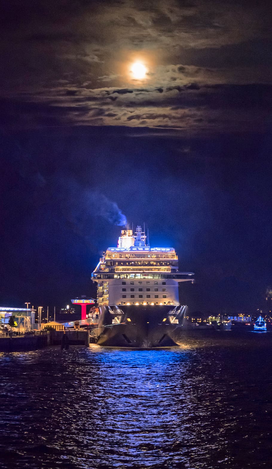 cruise ship, port, night, lights, hamburg, cruise, ship, sea, travel, maritime