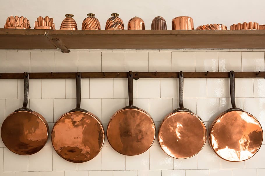 brass-colored, black, cookware, set, pans, copper, old, baking moulds, antique, kitchen