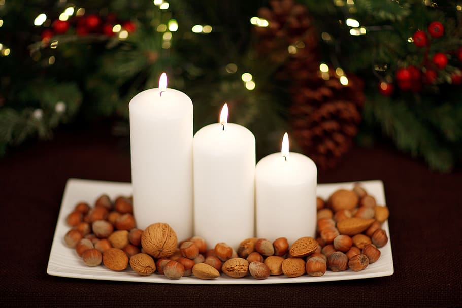 three, white, pillar candles, tray, pillar, candles, advent, almond, candle, christmas