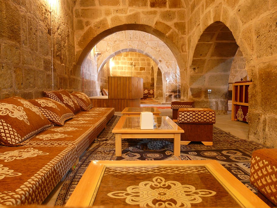 brown, wooden, center table, couch, inside, room, caravanserai, hostel, oriental, interior