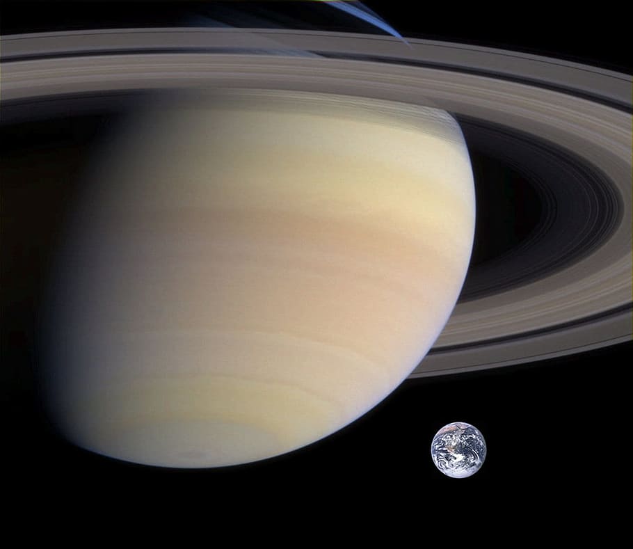 planet saturn, saturn, planet, earth, size comparison, ring, space, space travel, solar system, circle