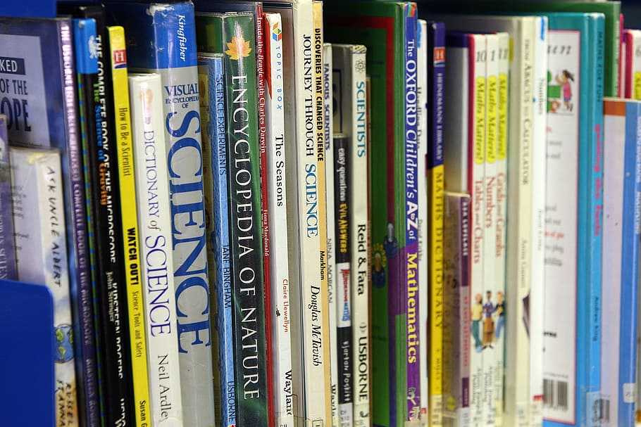 assorted-title books, books, shelf, organized, arranged, arrangement, educational, science, information, data