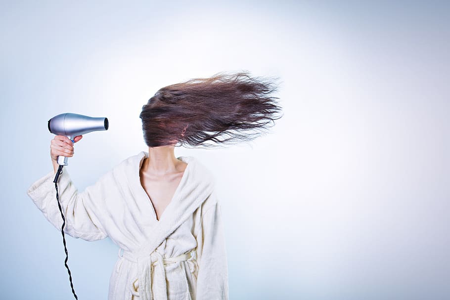 woman, holding, hair blower, performing, dry, hair drying, girl, female, person, attractive