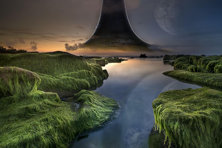 ring world, moon, planet, sky, sunset, reflection, sea, ocean, lake, clouds