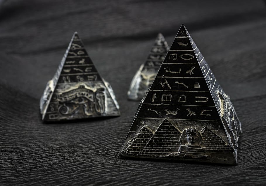 three, black, pyramid miniatures, textile, pyramid, pyramids, ancient, antique, gift, goods