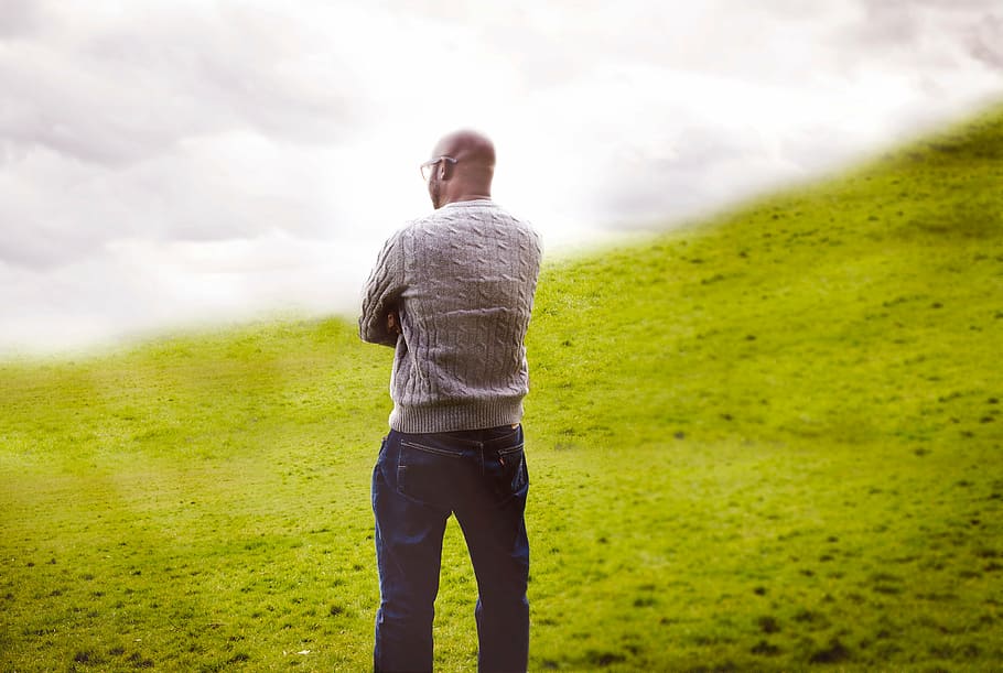 man, standing, hill, covered, fogs, daytime, people, african, american, nature