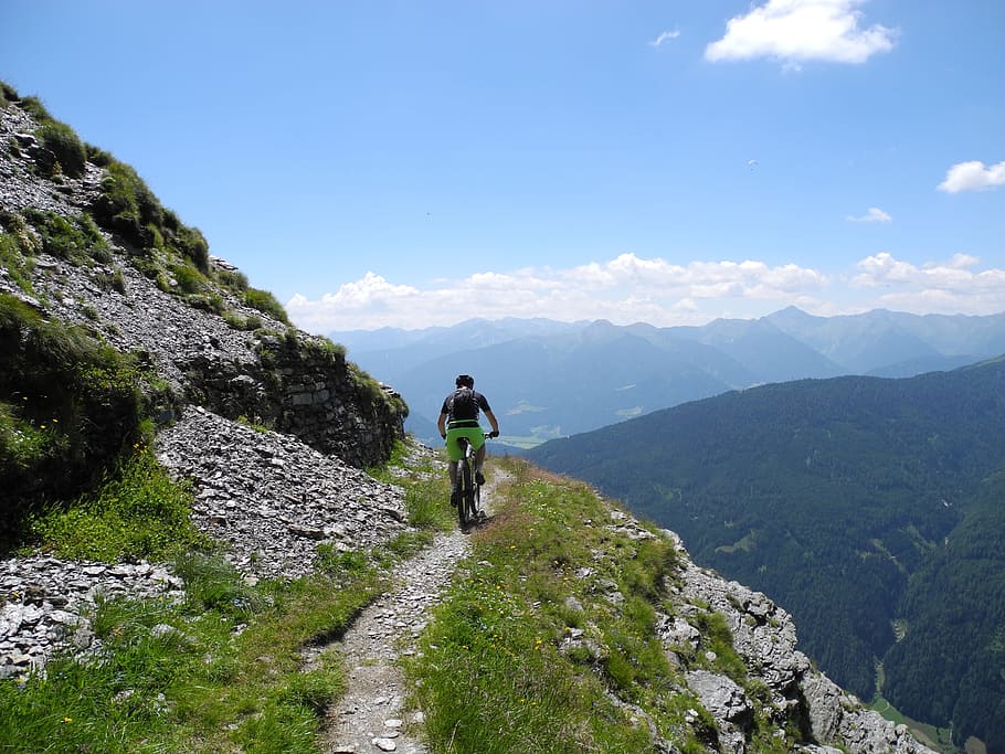 Mountain Bike, Burner, portjoch, mountain, adventure, hiking, rear view, backpack, mountain range, leisure activity
