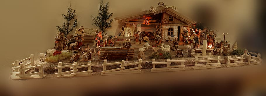 white, brown, miniature, house, framed, decor, christmas, crib, nativity scene, father christmas