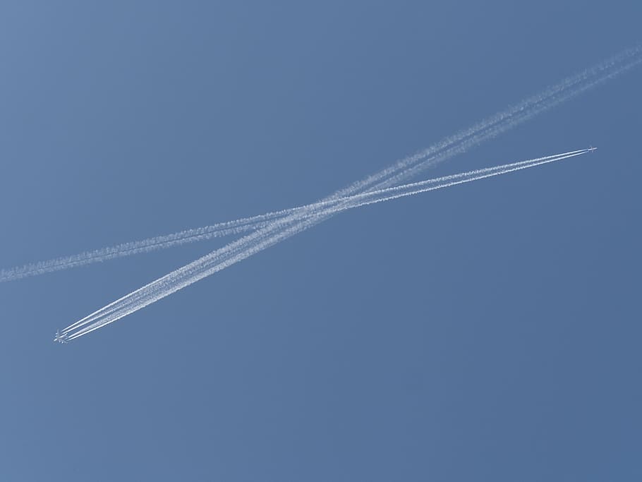 空, 航空機, クロス, 交通, 航空機騒音, 飛ぶ, 飛行機雲, 天気, 青, 蒸気道