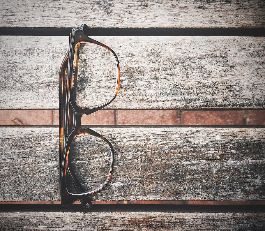 black, brown, framed, eyeglasses, gray, wooden, surface, glasses, closeup, boards